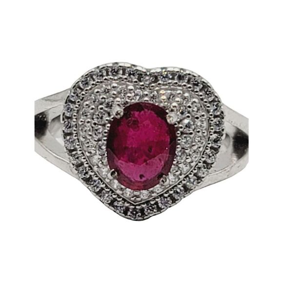 925 Sterling Silver Rhodium Plated Genuine Ruby Clear CZ Heart Shaped Ring - Picture 7 of 9